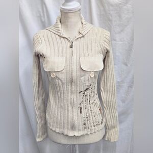 Major de*lema? - Cream Zip-up Hooded Sweater with graphic design - (M)